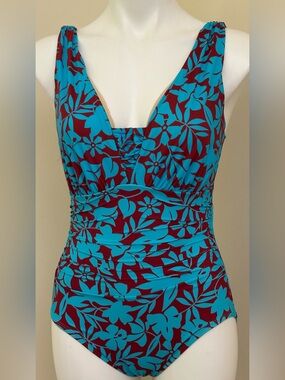 LANDS END Slender Grecian Low Leg Swimsuit Blue Floral Firming Ruching Sz 10P